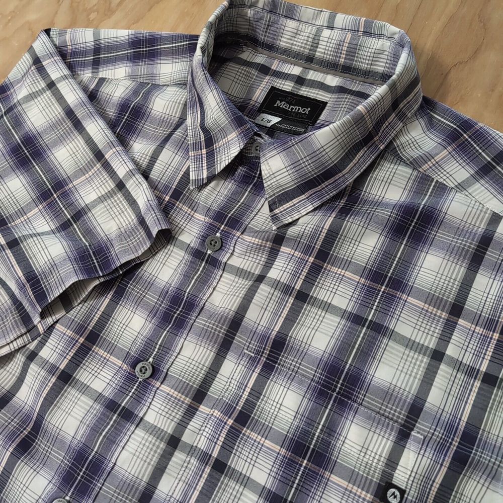 NEW Marmot Men's Shirt XL Purple Plaid Short Sleeve Chest Pocket 100% POLYESTER